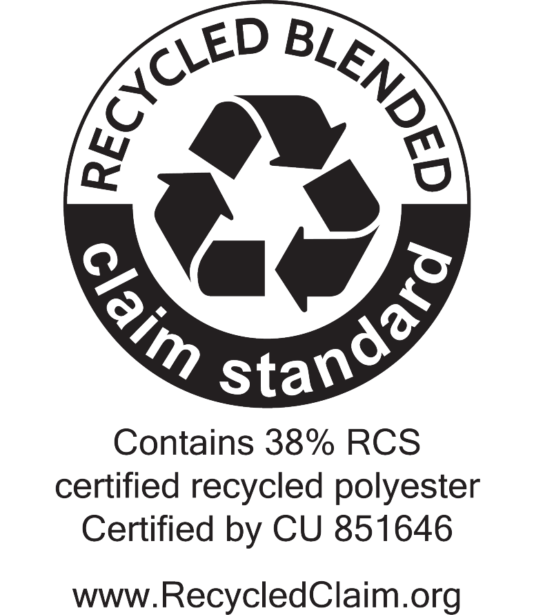 Pečat Recycled Blended Claim Standard: Vsebuje 38% RCS certificiranega recikliranega poliestra, certificirano s strani CU 851646.