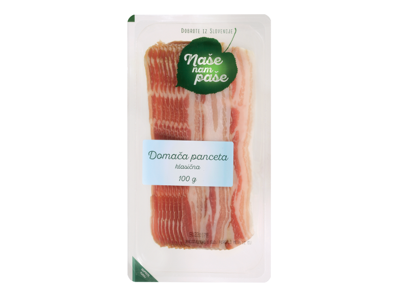 Pakirana klasična panceta, 100 g, z nalepko 'Naše nam paše'.