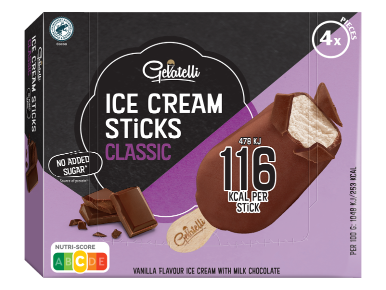 Škatla vanilijevih sladolednih lučk z mlečno čokolado, 4 kosi, 116 kcal na lučko.
