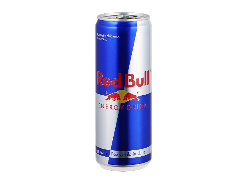 Modra in bela pločevinka energijske pijače z napisom 'ENERGY DRINK'.