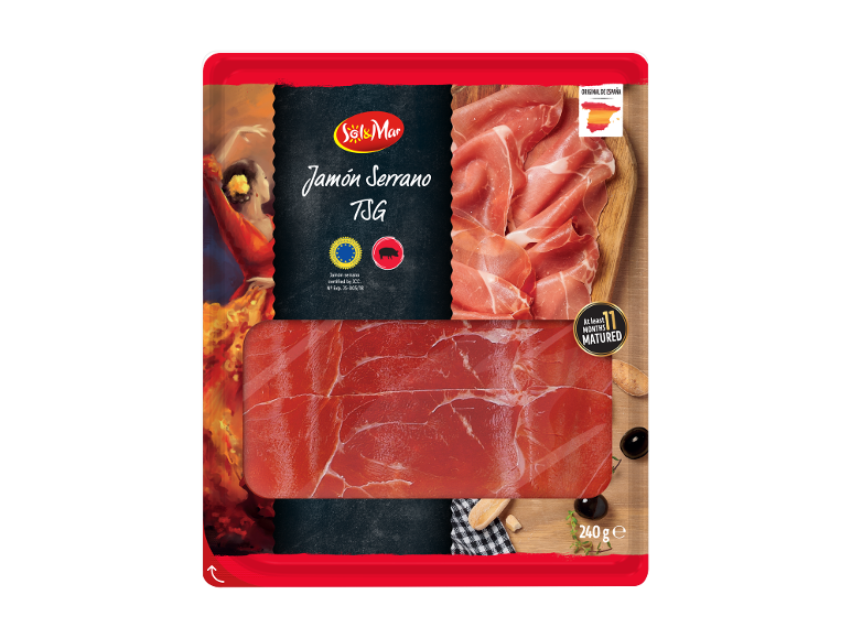 Pakiranje serrano pršuta z napisom „ORIGINAL DE ESPAÑA“ in „240 g e“.