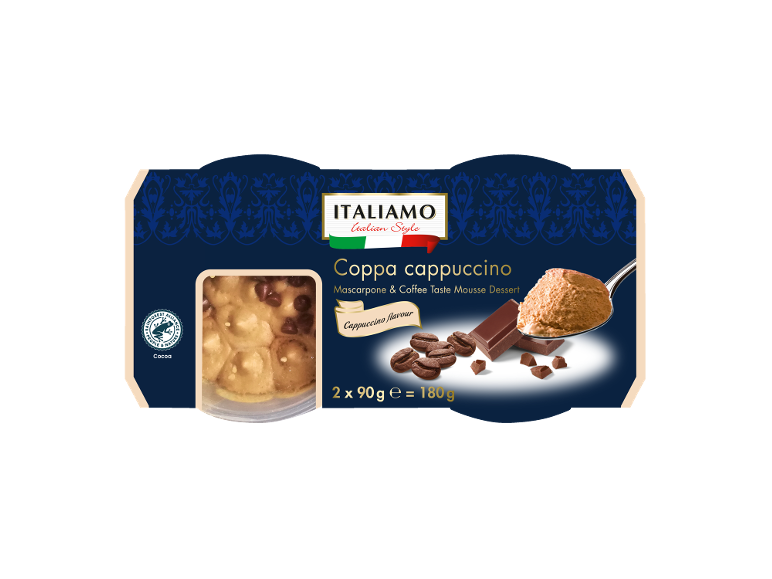Mascarpone in kava z okusom kapučino mousse sladice, 2 x 90 g.