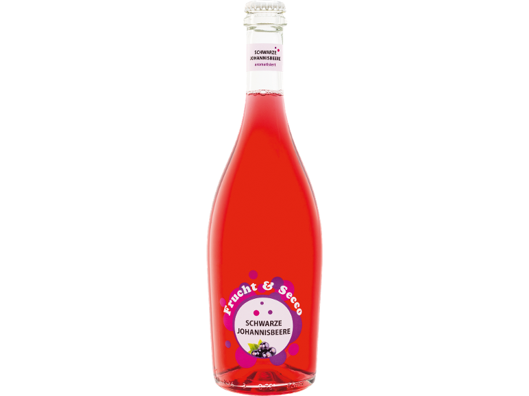 Steklenica gazirane pijače z okusom črnega ribeza, z napisom 'Frucht & Secco Schwarze Johannisbeere'.