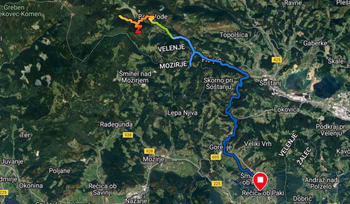 Cestni zemljevid, ki prikazuje pot med Velenjem in Mozirjem.