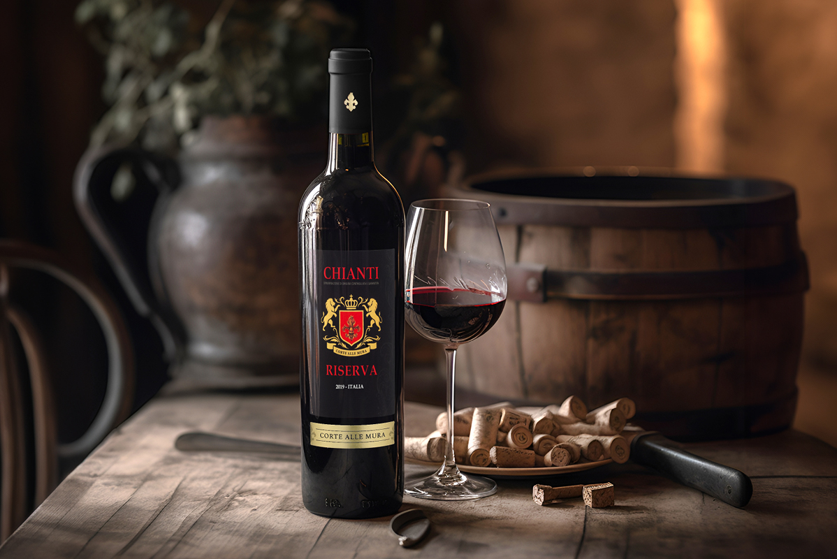 Steklenica vina Chianti Riserva Corte alle Mura in kozarec.
