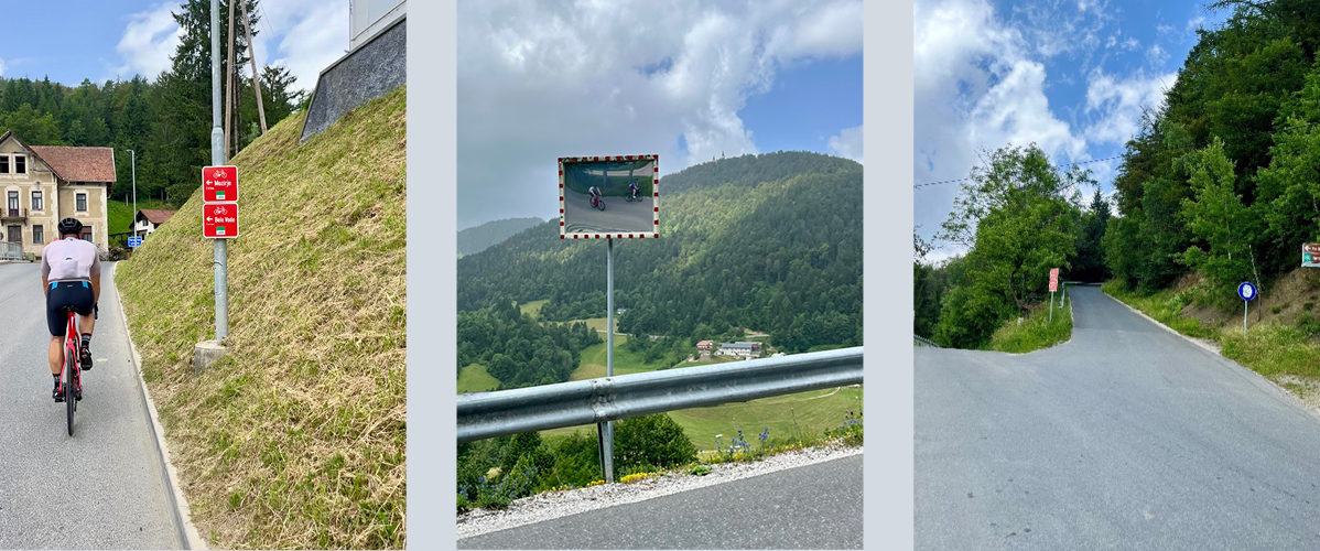 Kolesar, cestno ogledalo in gorski krajin.