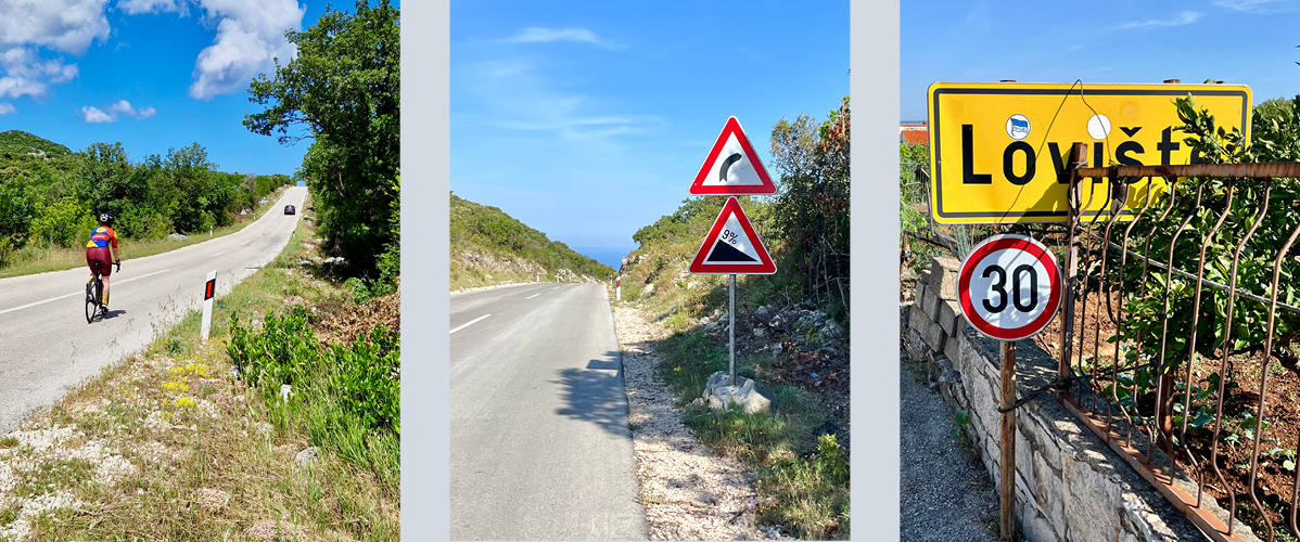 Kolesar, obalna cesta, prometni znaki.