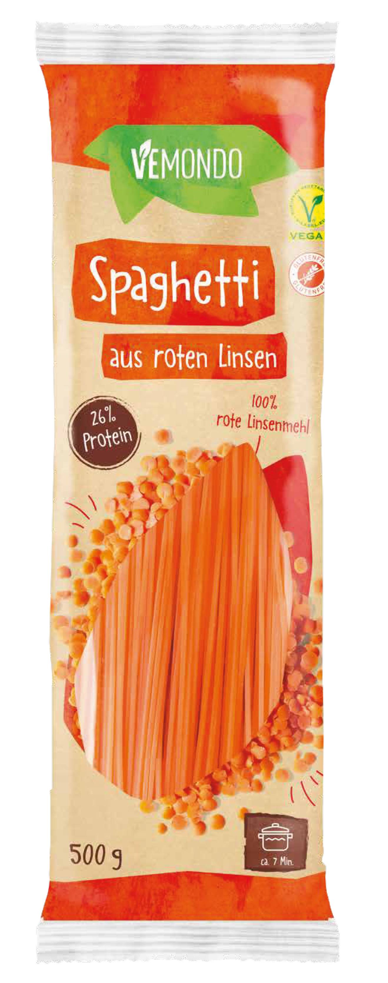 Vemondo špageti iz rdeče leče, 500 g, z 26 % beljakovin in 100 % moke rdeče leče.