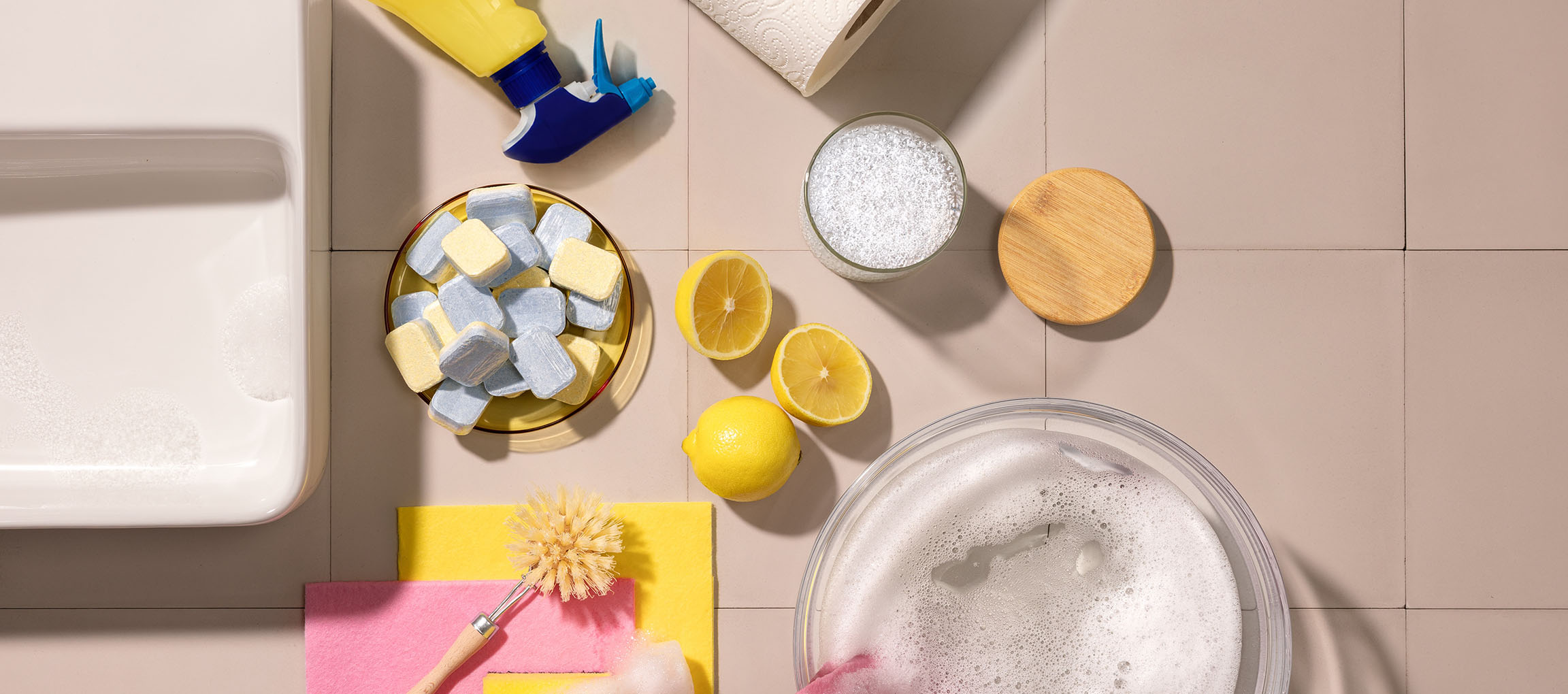 Čistilna sredstva: tablete za pomivalni stroj, limone, pršilka, papirnate brisače, krtača, gobice.