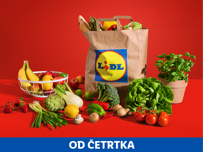Lidl nakupovalna torba polna sveže zelenjave in sadja.