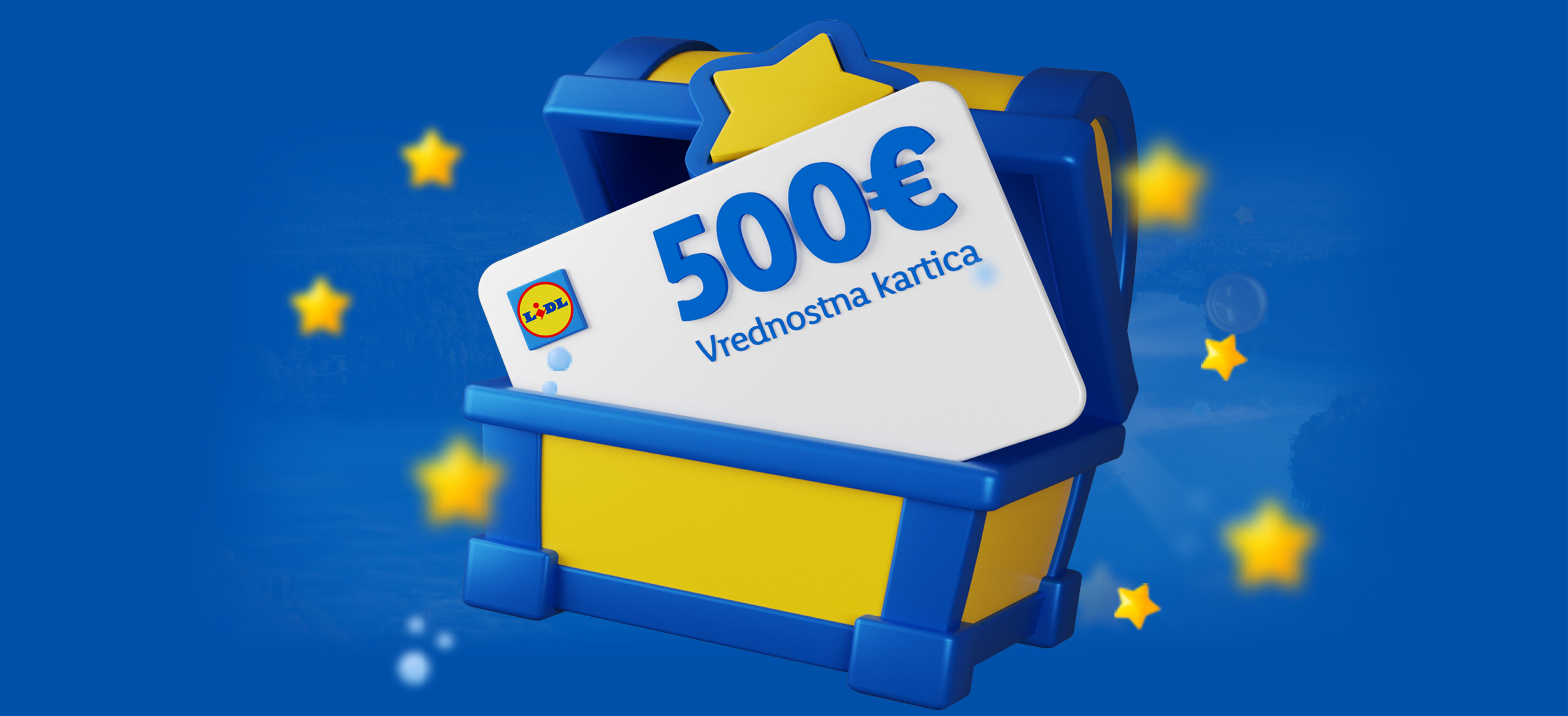 Lidl darilna kartica za 500 € v modro-rumeni skrinjici z zvezdami.