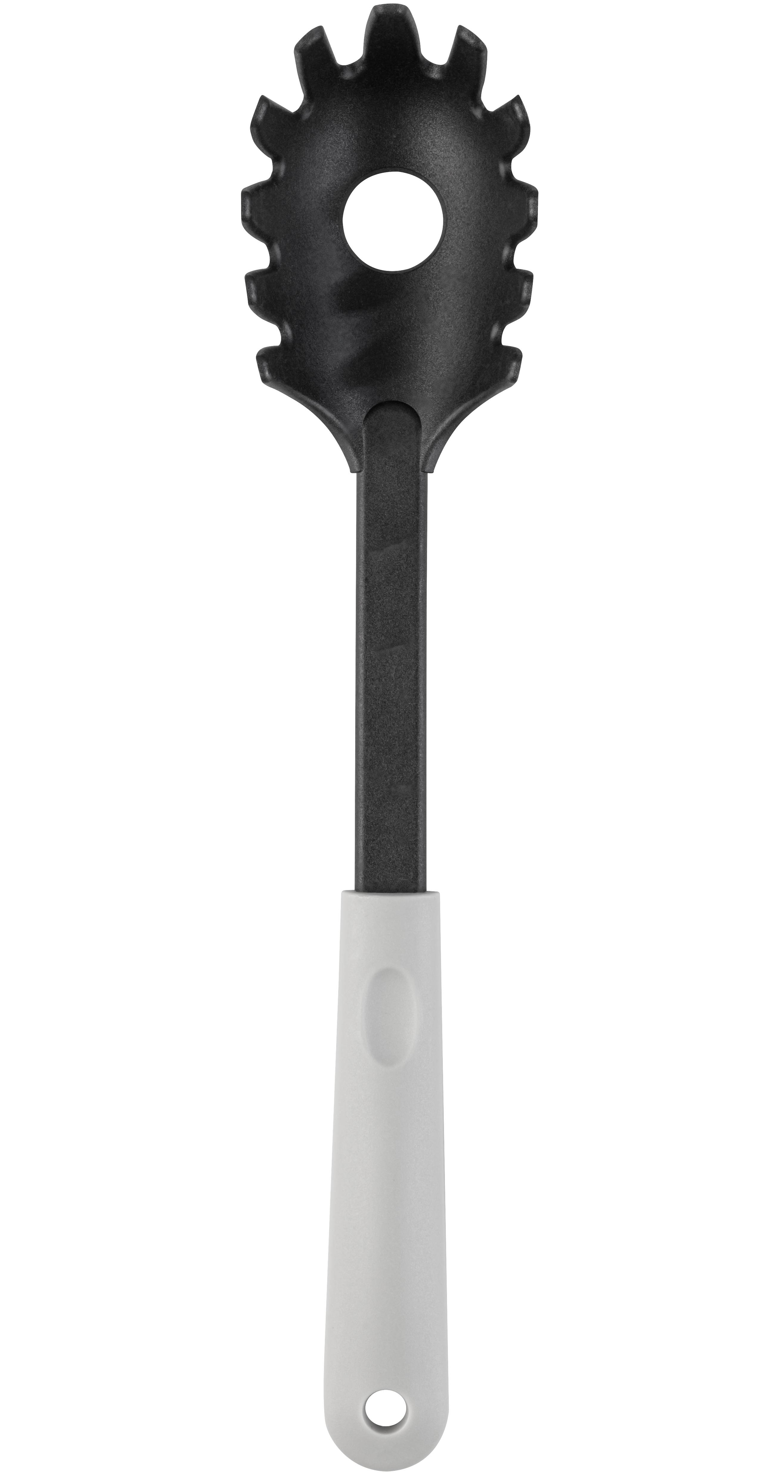 Črna zajemalka za špagete z belim ročajem.