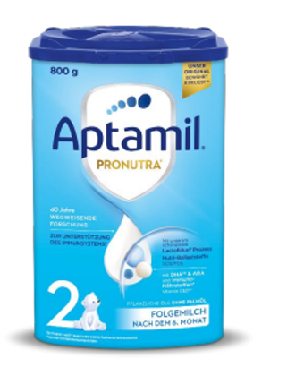 Modra pločevinka adaptiranega mleka za dojenčke, 800 g, za dojenčke po 6. mesecu.