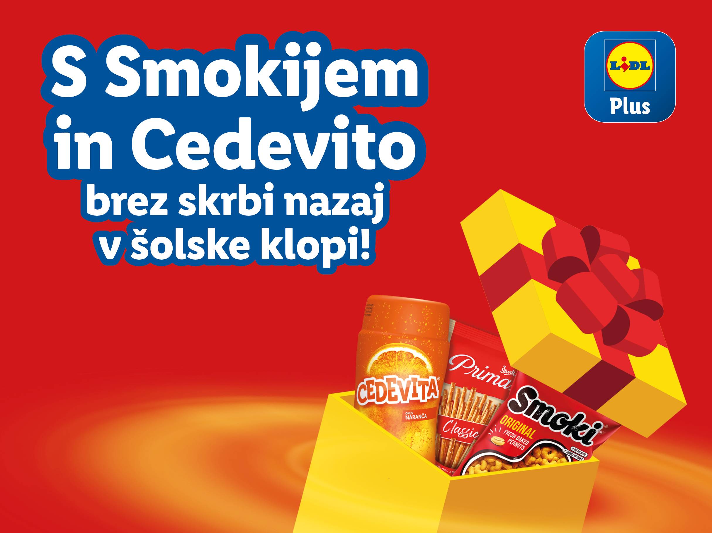 Šolska malica s Cedevito, Smoki in Prima palčkami v darilni škatli.