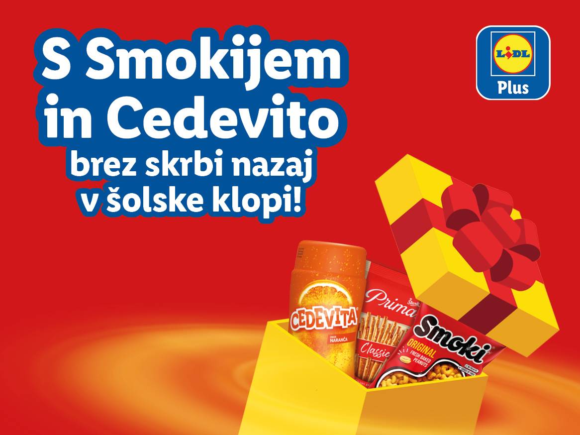 Lidl oglas za Smoki in Cedevito, z izdelki v darilni škatli.