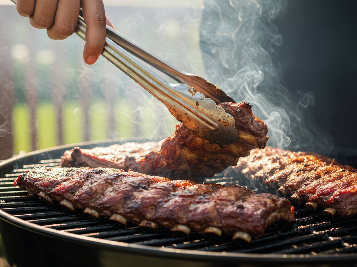 Rebrca na žaru, ki jih obračamo s kleščami, z dimom v ozadju.