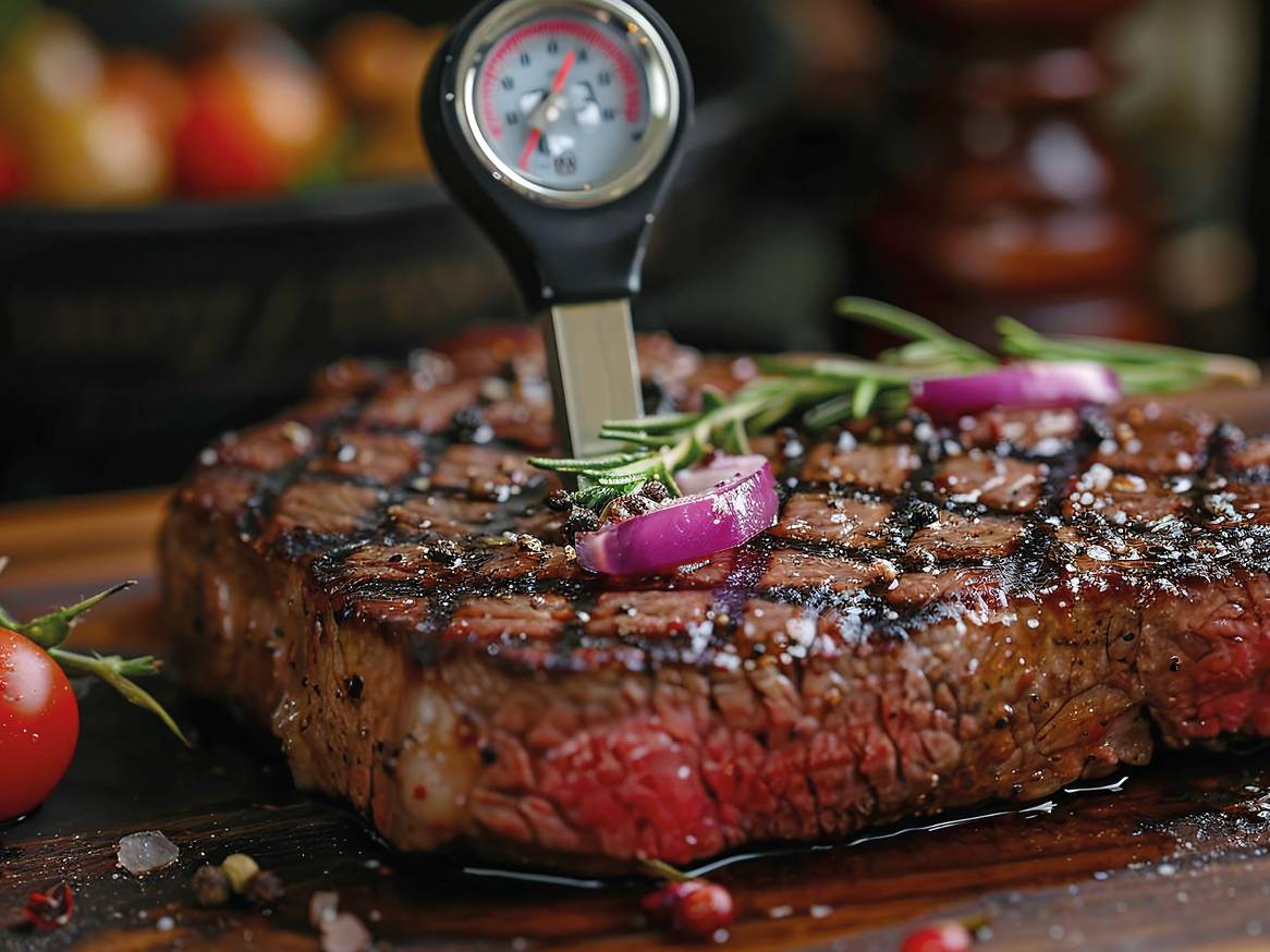 Pečen zrezek z mesnim termometrom, rožmarinom in čebulo na leseni deski.