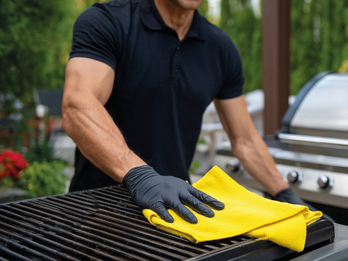 Moški v rokavicah čisti žar z rumeno krpo.