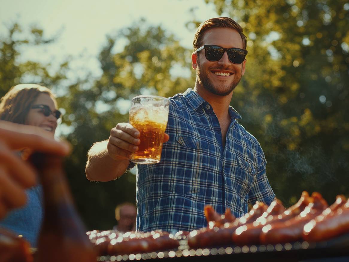 Moški nazdravlja s pivom ob žaru s klobasami na vrtni zabavi.