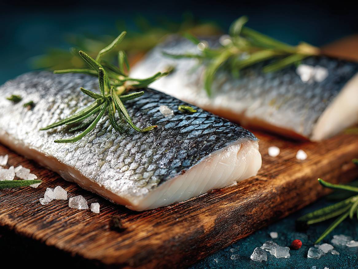 Dva fileja ribe z lupino, rožmarinom in soljo na leseni deski.