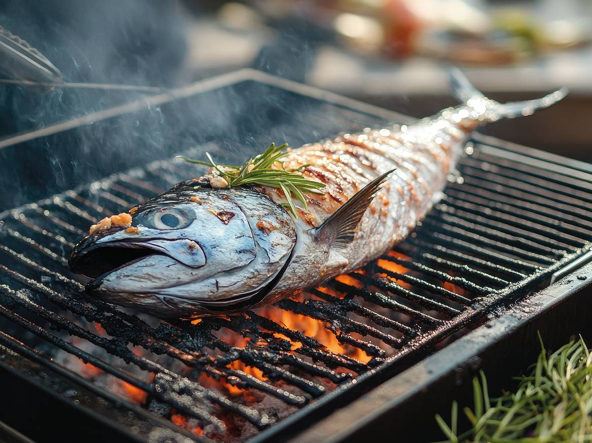 Cela riba na žaru z rožmarinom in dimom nad žerjavico.