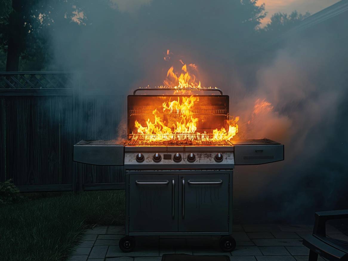 Žar na plin v plamenih, obdan z dimom, na dvorišču.