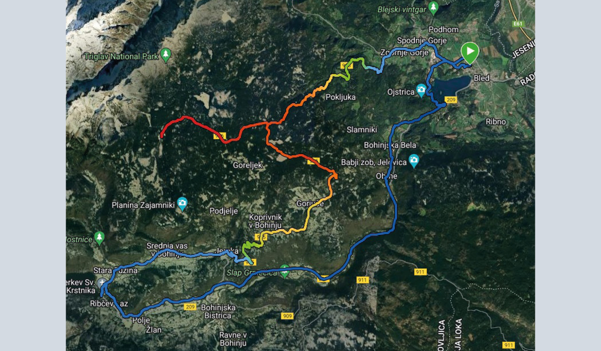 Grafični prikaz krožne kolesarske poti Bled Bohinj preko Pokljuke.
