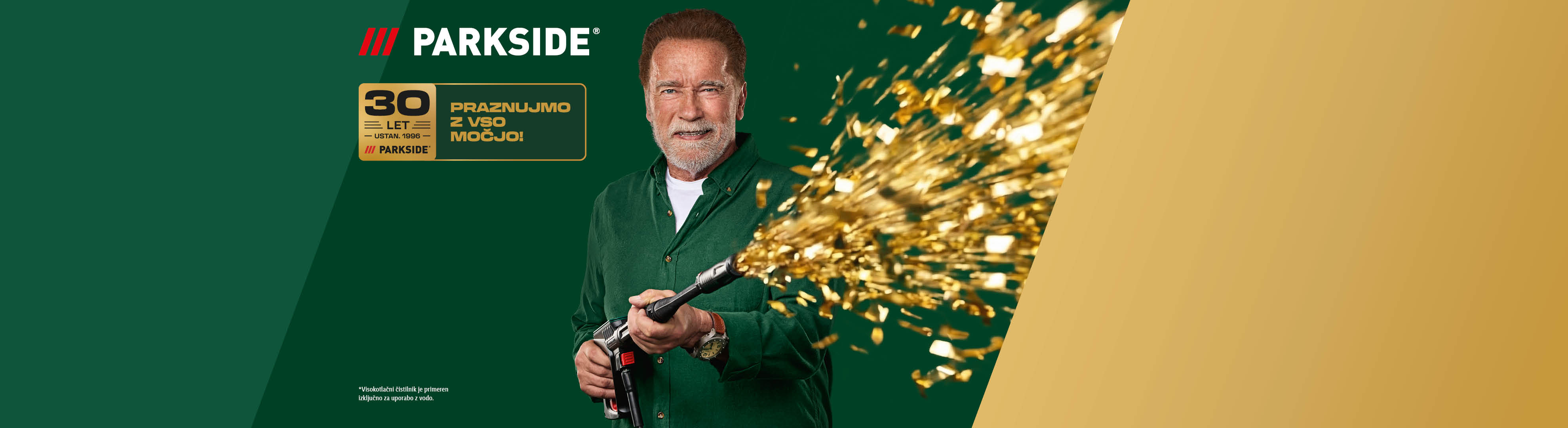 Arnold Schwarzenegger praznuje 30 let Parksidea z zlatimi konfeti iz visokotlačnega čistilnika.