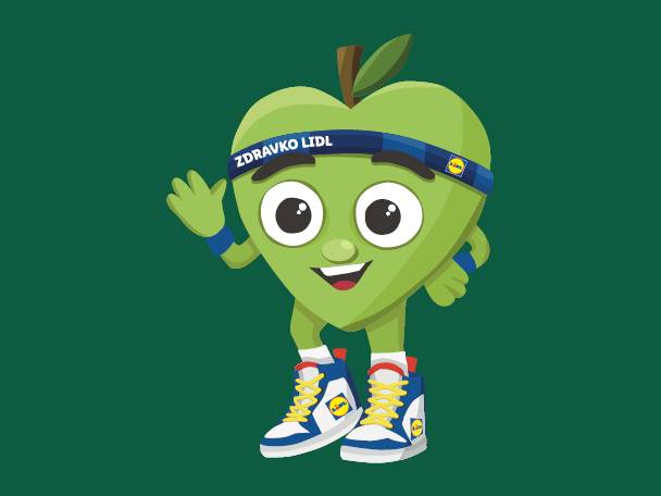 Zelena maskota v obliki jabolka z napisom 'Zdravko Lidl' na traku za glavo.