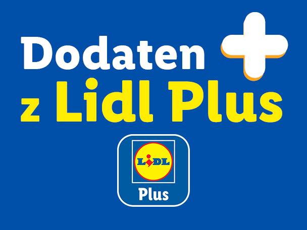 Modra pasica z belim besedilom 'Dodaten' in rumenim besedilom 'z Lidl Plus', ter logotipom Lidl Plus.