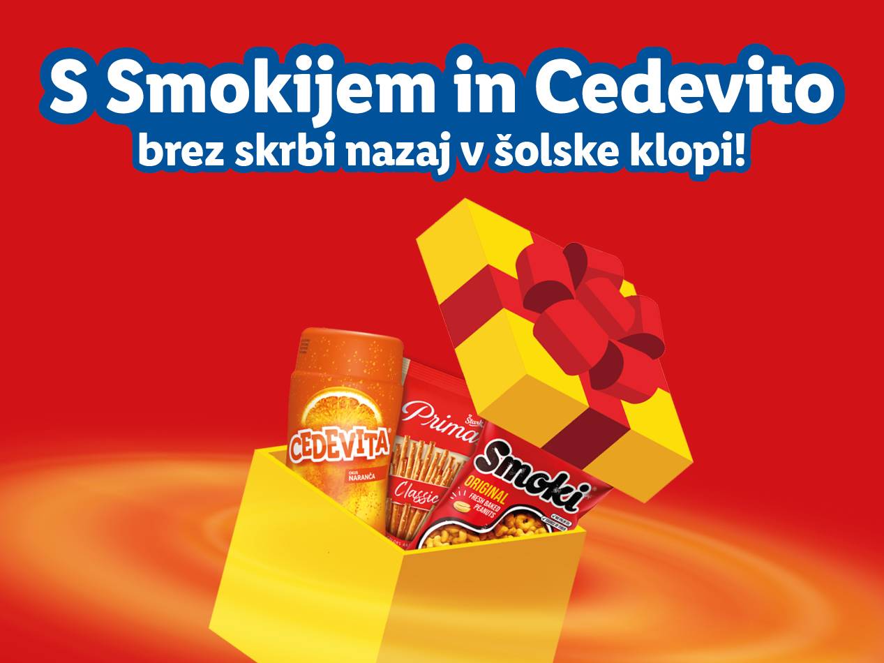 Šolska torba s Smoki prigrizki in Cedevito napitkom.