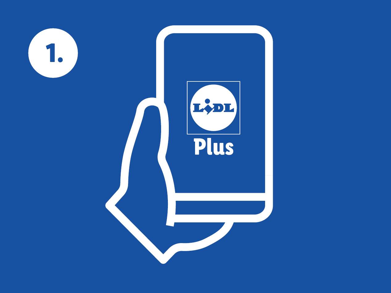 Roka drži pametni telefon z aplikacijo Lidl Plus na zaslonu, označeno s številko 1.