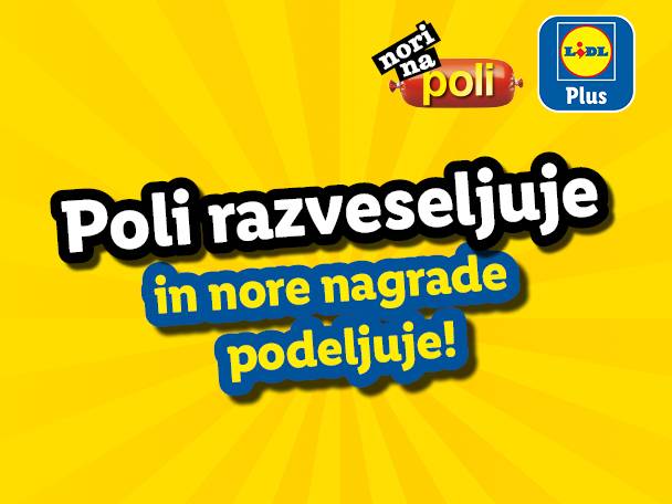 Poli salama in Lidl Plus logotip na rumenem ozadju z napisom 'Poli razveseljuje'.