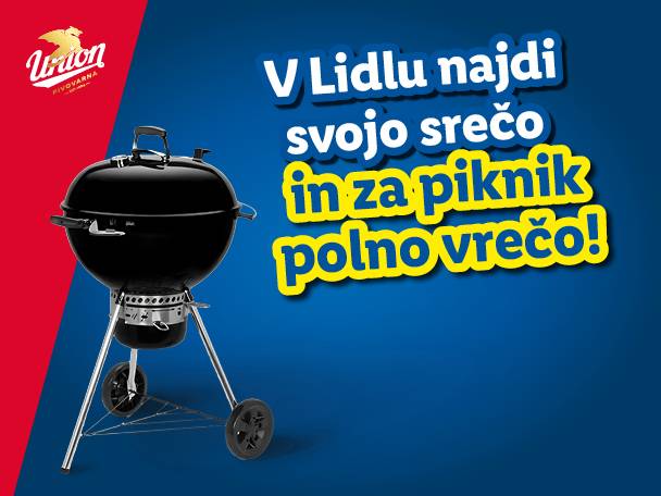 Črni žar na oglje na modrem ozadju z besedilom: 'V Lidlu najdi svojo srečo in za piknik polno vrečo!'