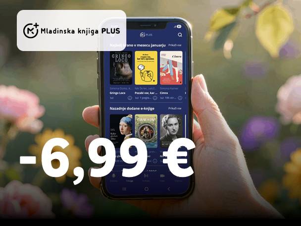 Roka drži pametni telefon z aplikacijo za e-knjige, ki prikazuje naslovnice knjig, z napisom '-6,99 €' v ospredju.