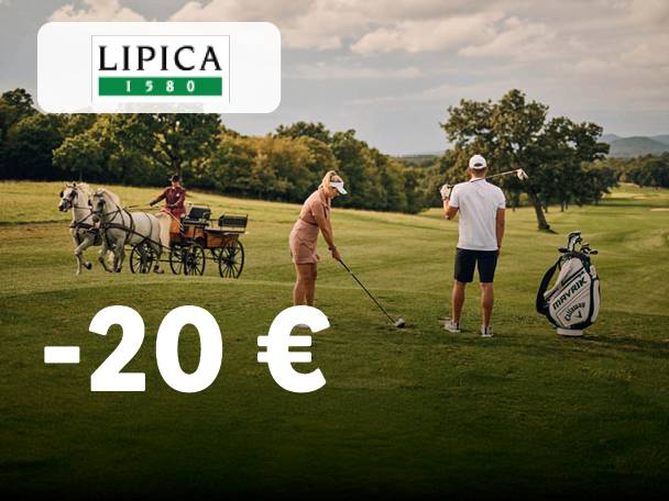 Golfisti na igrišču, v ozadju kočija s konji, popust -20 €.