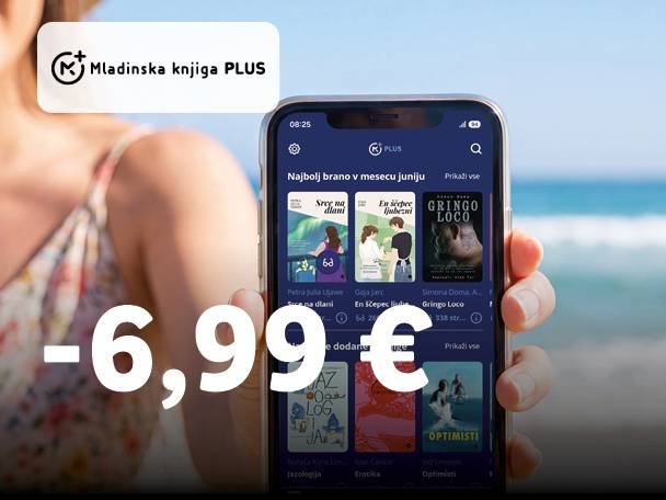 Ženska drži telefon z aplikacijo za branje knjig, ki prikazuje naslovnice knjig in ceno -6,99 €.