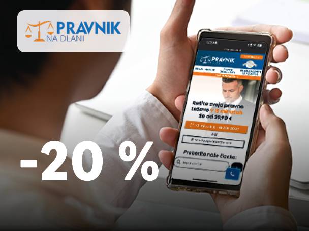 Oseba drži pametni telefon z aplikacijo Pravnik na dlani, poleg logotipa in popusta -20%.