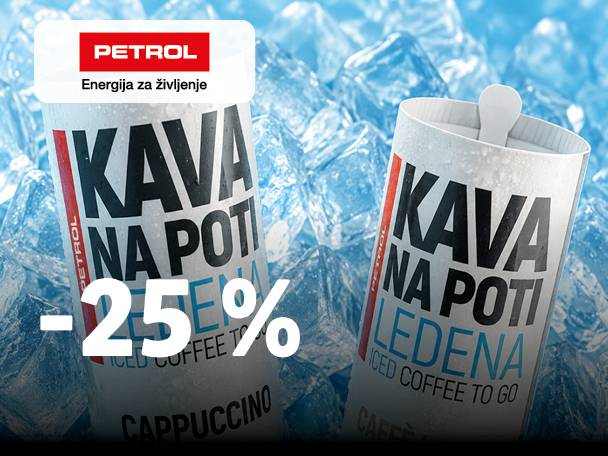 Dve pločevinki ledene kave na ledu, z napisom »Kava na poti« in »-25%«.