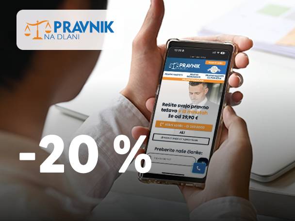 Oseba drži pametni telefon z aplikacijo za pravno pomoč, ki ponuja 20 % popust.