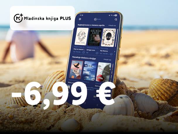 Mobilna aplikacija za e-knjige na peščeni plaži, z napisom »-6,99 €«.