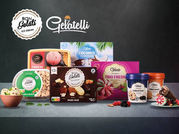 Različne okusne Bon Gelatelli sladoledne poslastice, vključno z mini mešanico in trojnim svežim sladoledom.