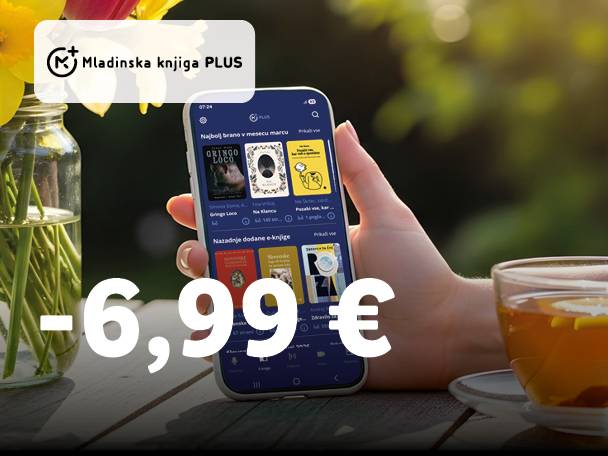Roka drži pametni telefon z aplikacijo za e-knjige, ob njem pa sta vaza s cvetjem in skodelica čaja. Cena je -6,99 €.