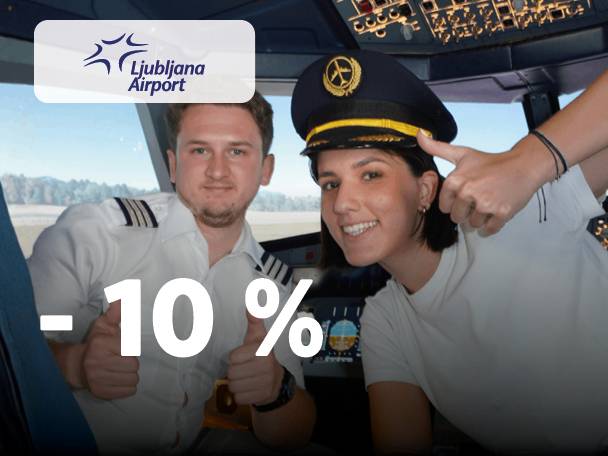 Dva pilota v pilotski kabini, ki kažeta palec gor, z napisom »-10 %« in logotipom letališča.
