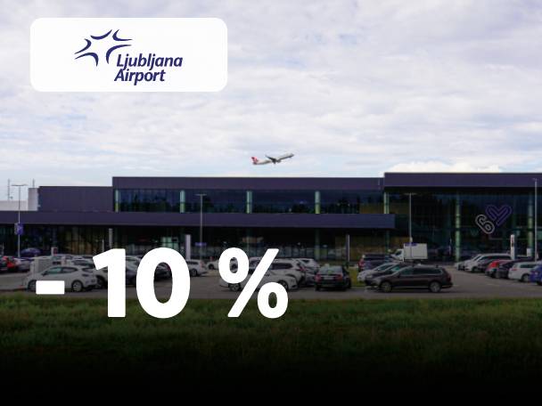 Letališče Ljubljana s parkiriščem in letalom, ki vzleta, z napisom -10 %.