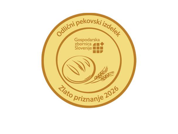 Zlato priznanje za odličen pekarski izdelek 2026, z logotipom Gospodarske zbornice Slovenije.