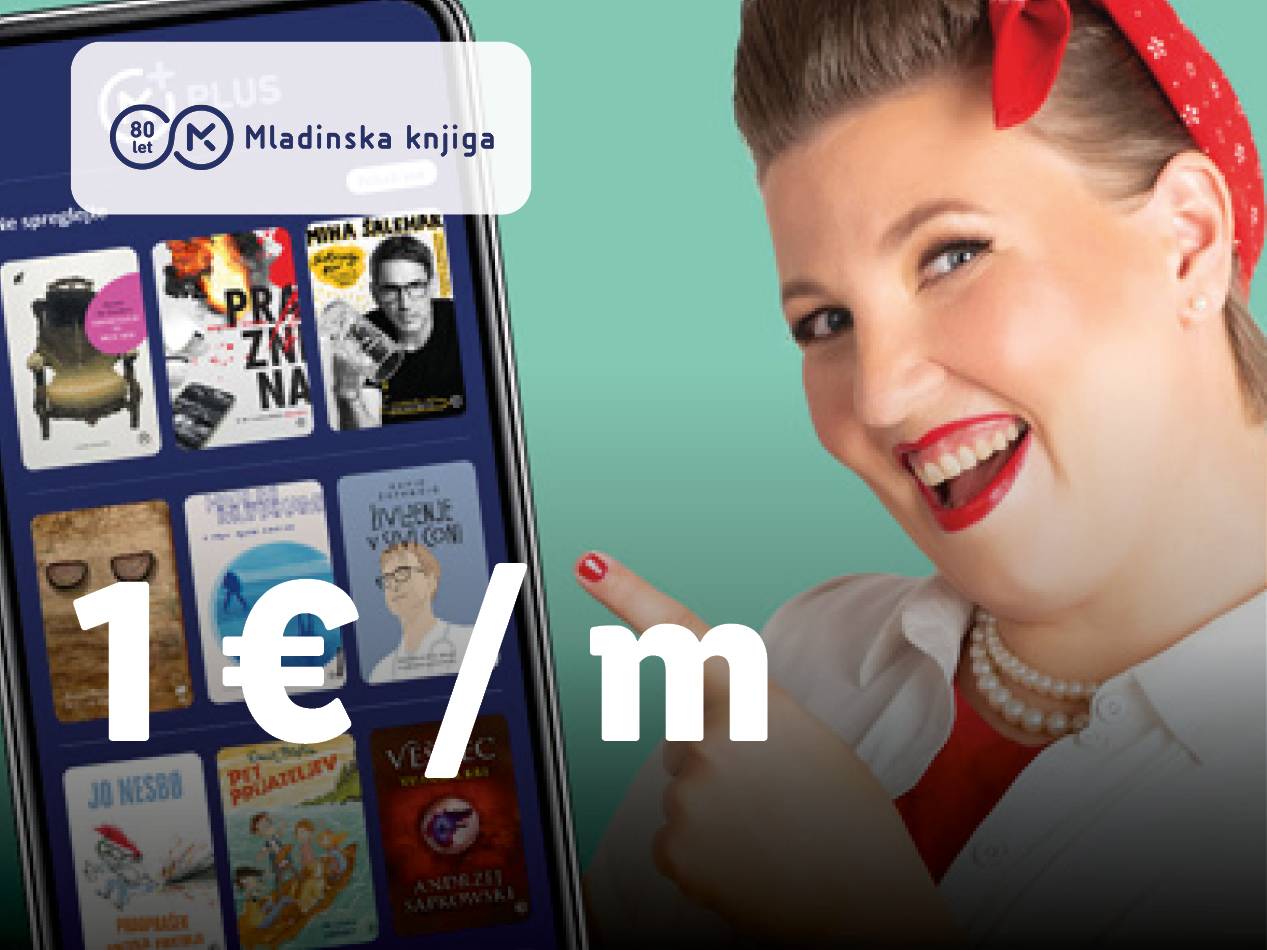 Ženska v retro stilu kaže na telefon z aplikacijo Mladinska knjiga, ki ponuja e-knjige za 1 €/mesec.