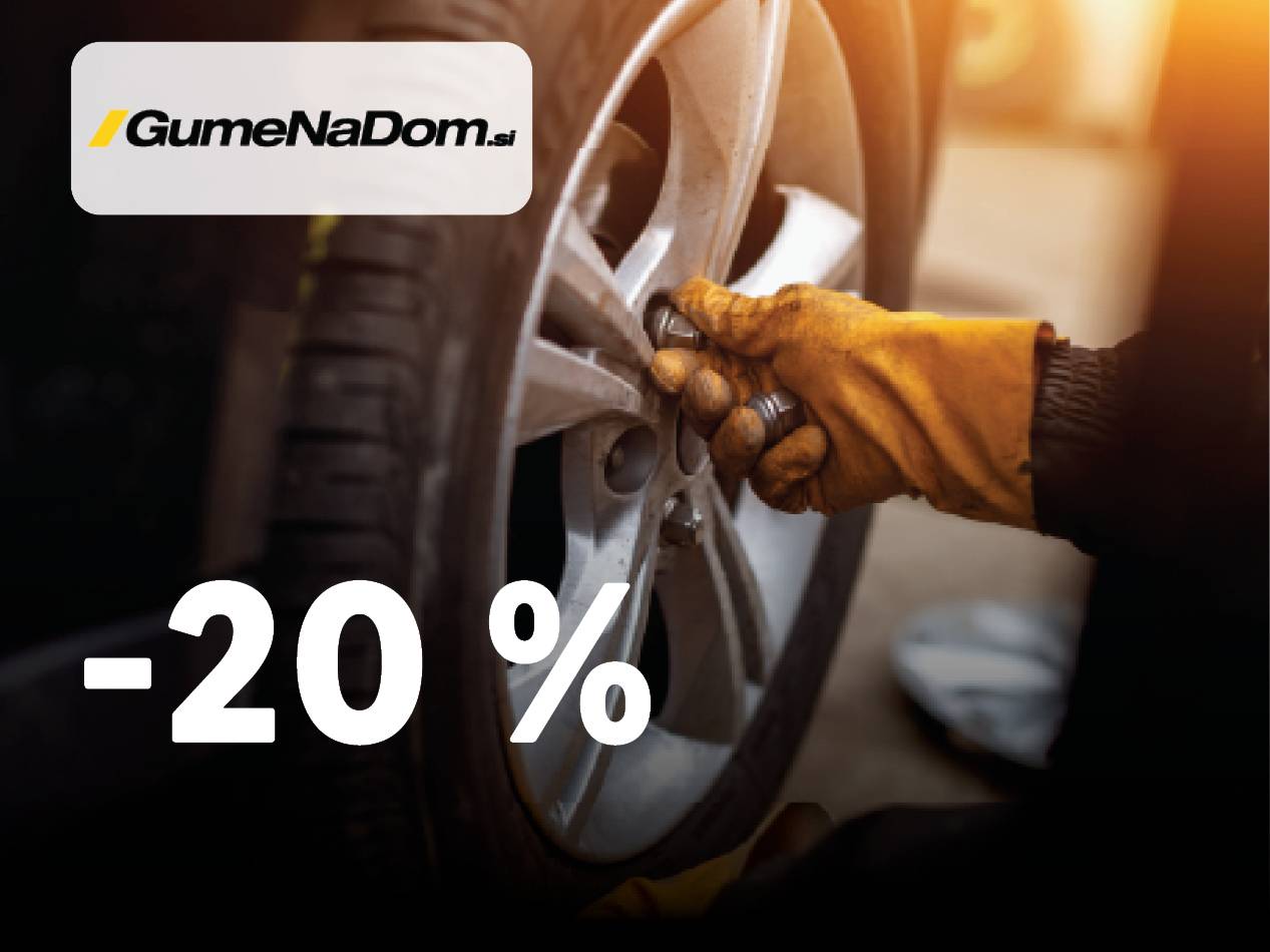 Mehanik menja pnevmatiko, z logotipom GumenaDom.si in napisom -20 %.