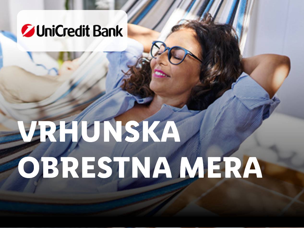 Ženska se sprošča v viseči mreži z logotipom UniCredit Bank in besedilom »VRHUNSKA OBRESTNA MERA«.