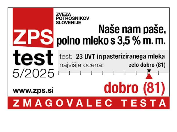 ZPS test polnega mleka Naše nam paše s 3,5 % m.m. - ocena dobro (81).